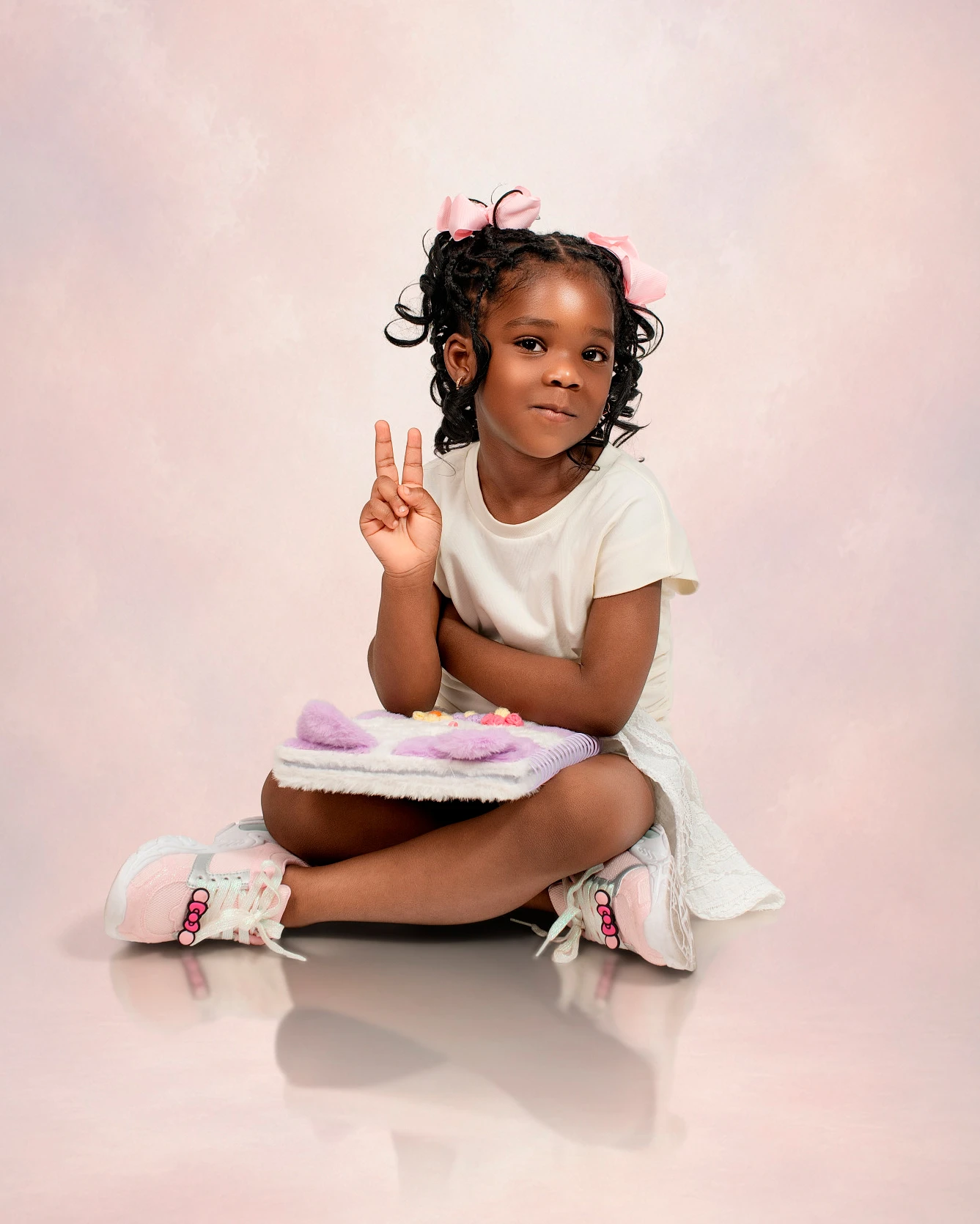 A child in white making a peace sign
