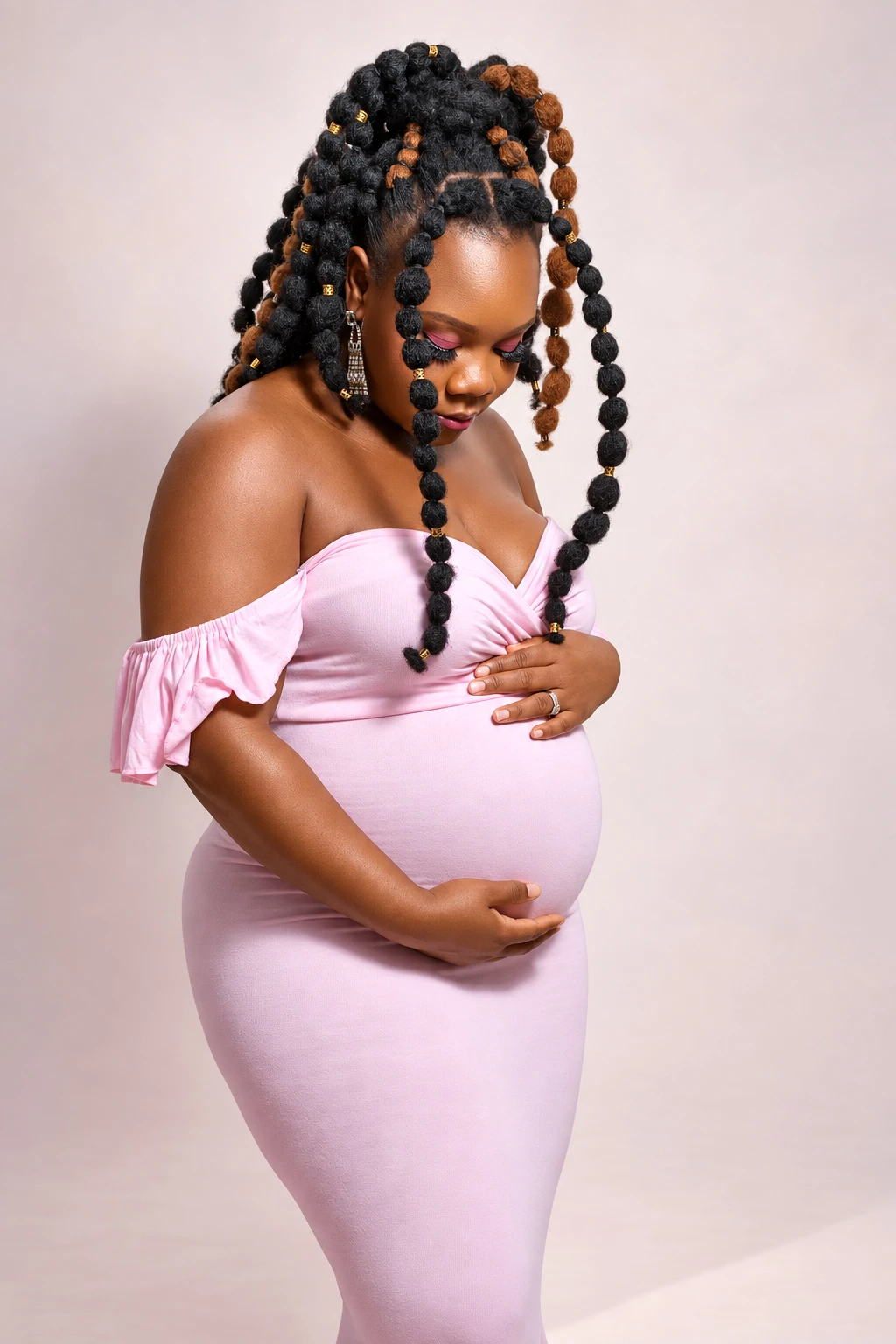 A quiet maternity portrait with hands resting on her bump